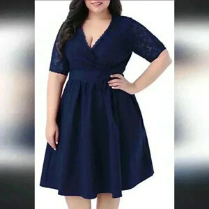 NEMIDOR | Women's  Navy Lace V-Neck Wrap Short Half Sleeved Midi Dress